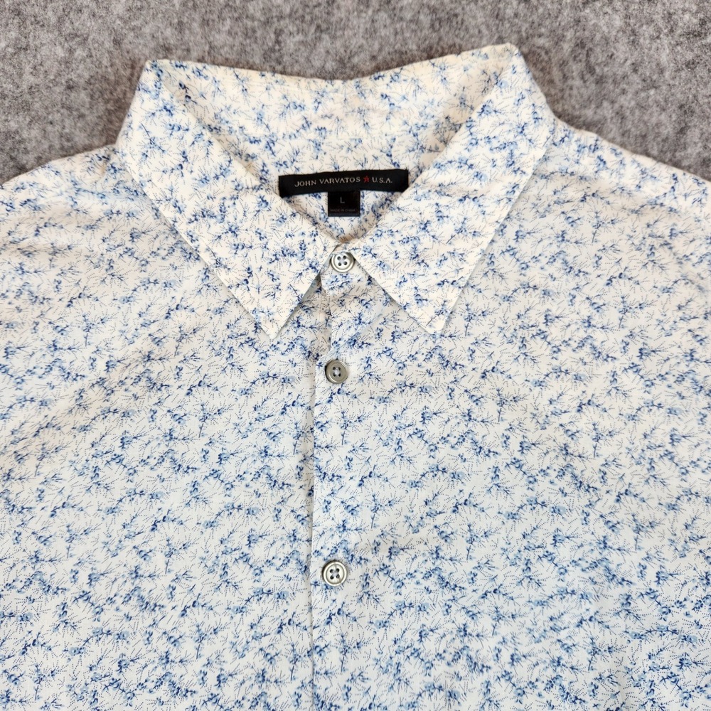 John Varvatos Button Down Shirt Men L White Floral Cotton Short Sleeve Casual